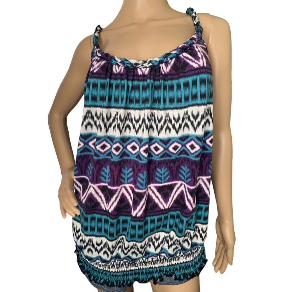 Piper and Blue Geometric Patterned Rope Strapped Tank Top With Ruched Bottom